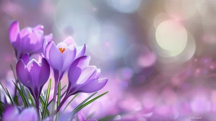 Fotobehang purple crocus flowers on a dreamy bokeh background © Yash