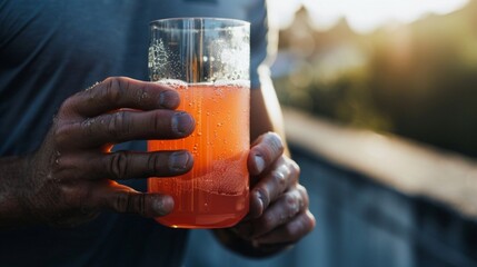 A refreshing post-run recovery drink, infused with electrolytes and vitamins to replenish hydration and support muscle recovery after a challenging workout.