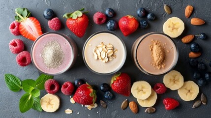 A refreshing post-workout protein shake, blended with plant-based protein powder, almond milk, and a variety of fruits for a delicious and nutritious recovery drink. - obrazy, fototapety, plakaty