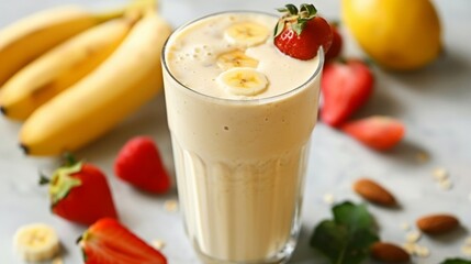 A refreshing post-workout protein shake, blended with plant-based protein powder, almond milk, and a variety of fruits for a delicious and nutritious recovery drink.