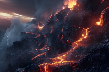 Eruption of Fury and Regret:Molten Lava Flows from Smoldering Volcano Consumed by Unchecked Wrath - obrazy, fototapety, plakaty