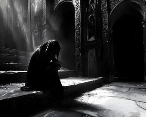 Penitent Figure Kneeling in Solemn Silence Before an Altar in a Grand,Shadowy Temple - obrazy, fototapety, plakaty