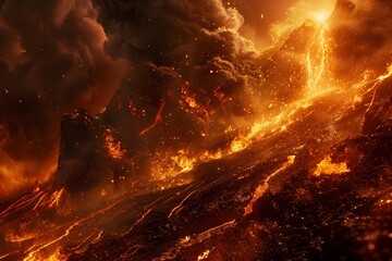 Fiery Volcanic Eruption with Raging Spirits of Anger and Regret Consuming the Scorching Landscape - obrazy, fototapety, plakaty