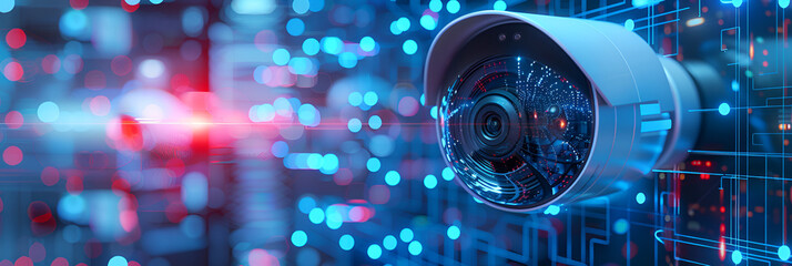 Fototapeta na wymiar A security wall camera with a lens on blue bokeh background