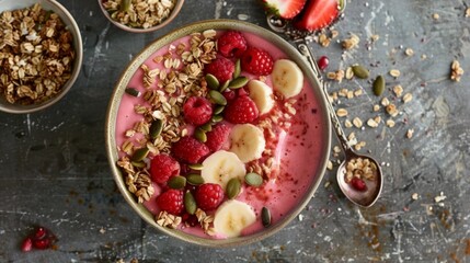 A refreshing smoothie bowl topped with fresh fruit, nuts, seeds, and granola, providing a nutritious and delicious start to the day.