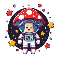 Naklejka premium Cute little kawaii mushroom in astronaut costume flies in outer space among the stars. Cartoon character for children's products. Isolated on transparent background.