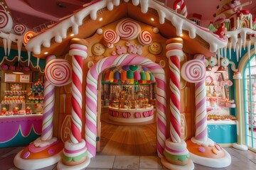The bakery is decorated with swirling candy cane poles and gingerbread edges.