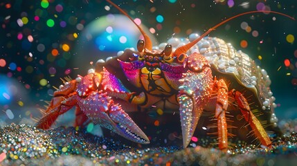 A Flamboyant Hermit Crab Hosts an Intergalactic Disco Rave on a Newly Discovered Celestial Body,Leaving a Trail of Mesmerizing Glitter in its Wake