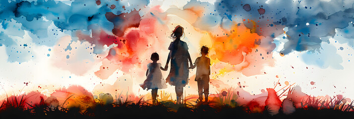 Mother with two children Digital watercolor painting,
Colorful watercolor painting of a mother with her child
 - obrazy, fototapety, plakaty