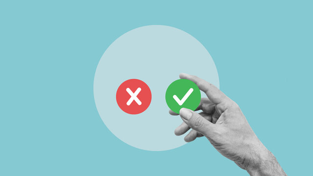 Right and wrong icons with male hand choosing the right icon on blue background. Approving, voting or right decision concept