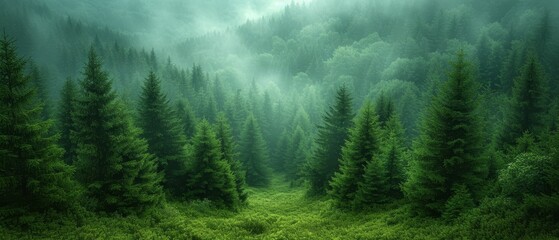 a foggy forest filled with lots of tall green pine trees in the middle of a green forest filled with lots of tall green pine trees.