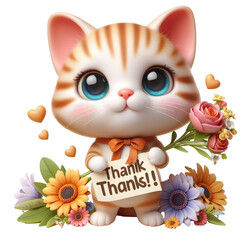 Fototapeta premium Cute character 3D image of kitten with flowers and saying thanks white background isolated PNG