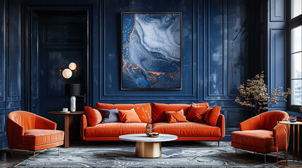 Minimalist living room with blue velvet sofa