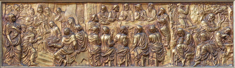 MILAN, ITALY - MARCH 4, 2024: The the relief of Last supper in the church Basilica di Santo Stefano Maggiore by unknown artist.