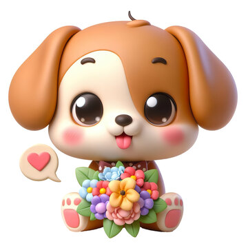 Cute character 3D image of puppy dog with flowers and saying thanks white background isolated PNG