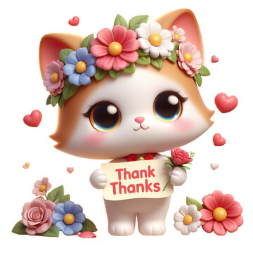Cute character 3D image of kitten with flowers and saying thanks white background isolated PNG