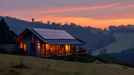 A sustainable house, with solar panels on the roof as the background, during dawn