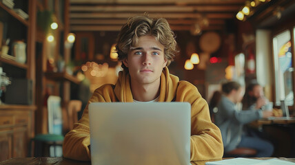 Pensive young man with curly hair and a yellow hoodie absorbed in his laptop at a cafe.