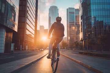 Cyclist riding a bicycle in the city at sunset. Urban living lifestyle. Sport and healthy concept.