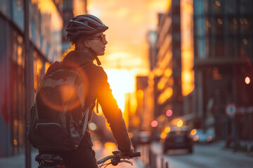Woman cyclist in the city at sunset. Urban living lifestyle. Sport and active life concept.