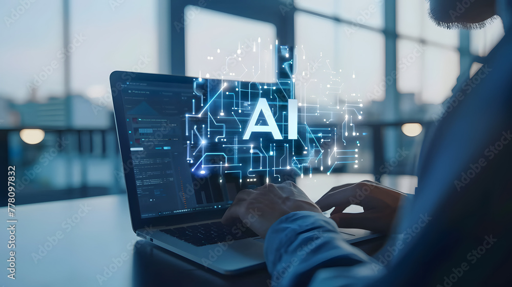 Poster a man working on his laptop with the word ai floating above it