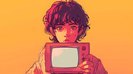 A manga-style illustration of a character holding a personal computer with the screen facing forward - obrazy, fototapety, plakaty