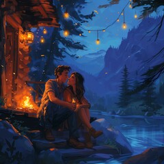 A couple in love sits on the porch of a house near the river bank at night