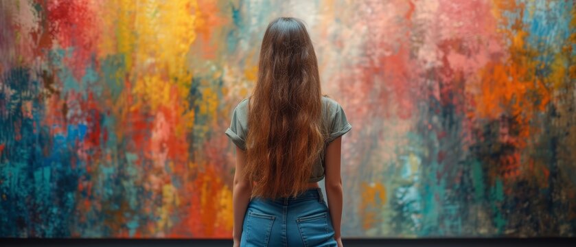 a woman with long red hair standing in front of a large painting of multicolored paint on a wall.