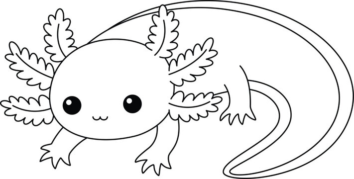 Cute kawaii axolotl cartoon character coloring page, vector printable worksheets for preschool.