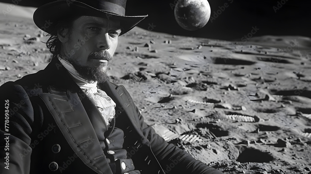Poster a refined 1890s gentleman on the moon without a spacesuit