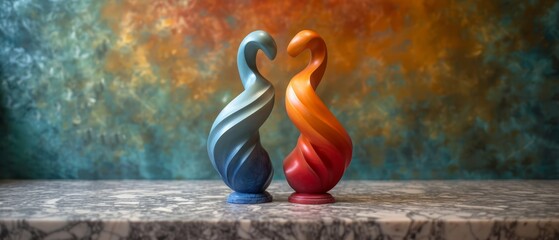 two colorful vases sitting on a table in front of a painting of a red, orange, and blue swirl.