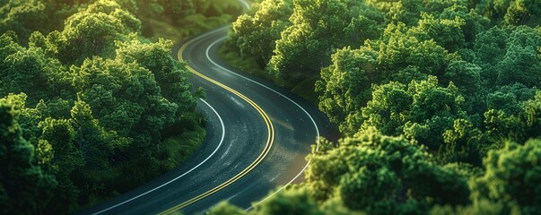 A curvy road surrounded by lush forests, - obrazy, fototapety, plakaty