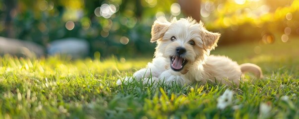 A cheerful happy cream-colored puppy is playing on the grass and letting out tongue laughs.