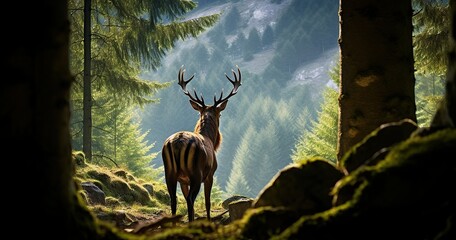 photo taken from behind head of a massive stag staring at distant cavemen evening forest