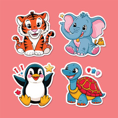 four set of cute cartoon animal stickers vector illustration Flat design. animal sticker collection vector illustration