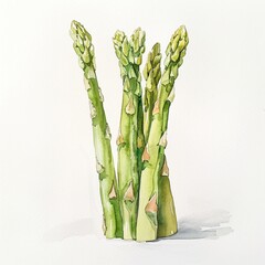 Watercolor depiction of asparagus spears, elegance and superfood prowess, on white ground