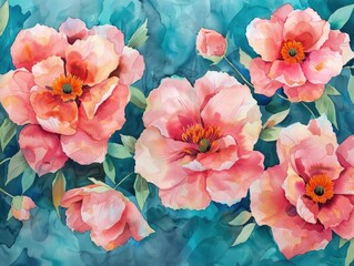 Fototapeta na wymiar Vibrant Watercolor Peony Blooms in Soft Abstract Motif