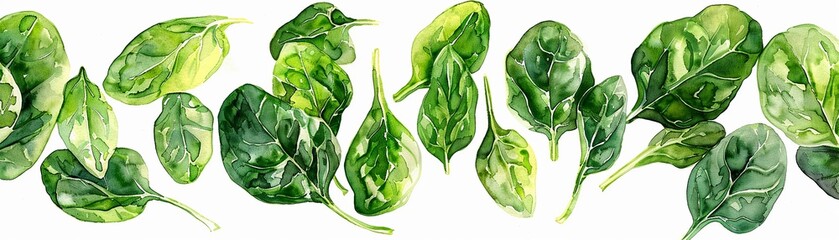Watercolor spinach leaves, a flurry of superfood greens against a stark white backdrop