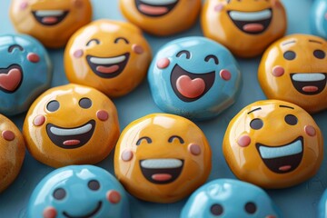 A collection of bright, happy emojis showcase a range of emotions on a calming blue background, giving a fun digital vibe