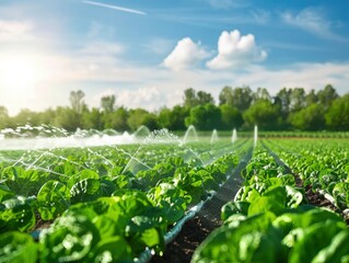 Many sprinklers are sprinkling water on the veggies in a sizable vegetable field. - obrazy, fototapety, plakaty