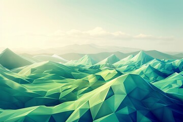 A serene geometric landscape, featuring rolling hills and valleys composed of triangular facets - obrazy, fototapety, plakaty