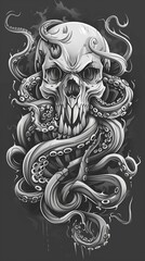 A logo incorporating elements of death metal aesthetics, such as swirling tentacles and a fearsome skull