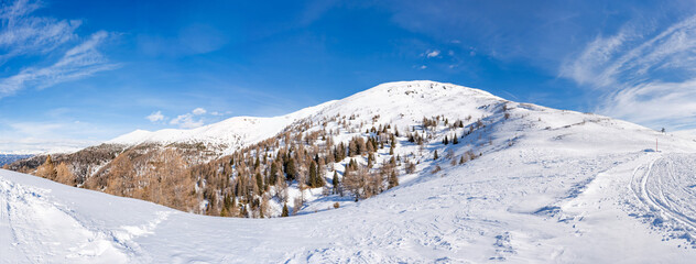 Wide panoramic view of winter landscape in Italian Dolomites in Kronplatz, Italy