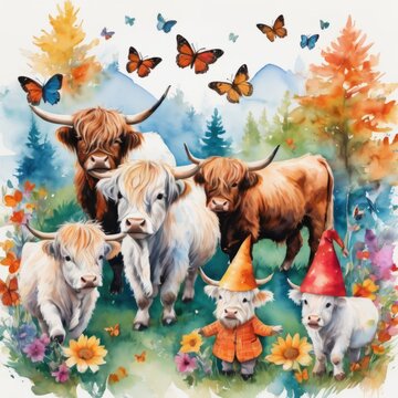 fantasy background, buffalos and yaks, portrait, cute, graphic, painting, funny