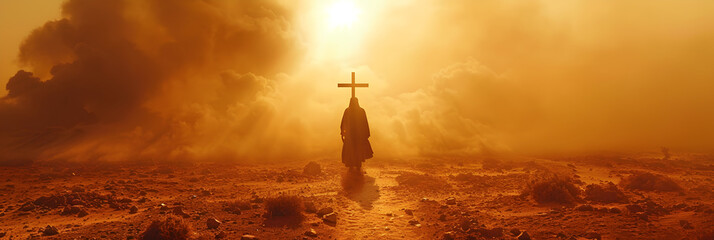 Silhouette of a man in the desert with a cross,
La Santa Cruz simboliza la muerte y resurrección de Jesucristo con el cielo sobre la colina del Calvario está envuelto en la luz y el concepto del apoca - obrazy, fototapety, plakaty