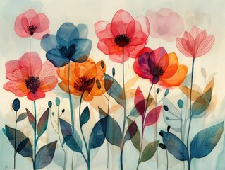 Vibrant Watercolor Silhouettes of Blooming Flowers in Fluid Hues on Soft Textured Background