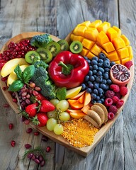 Heart shaped bowl filled with colorful assortment of fresh fruits, vegetables, and whole grains, promoting heart health and wellness
