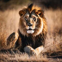 Obraz premium lion in the wild, king crown, outdoors, wildlife, mammal, freedom, natural, animal, grass