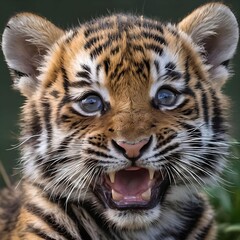 cute tiger cub, close-up,growls, green grass in the background,outdoors,  animal, nature,zoo, wild