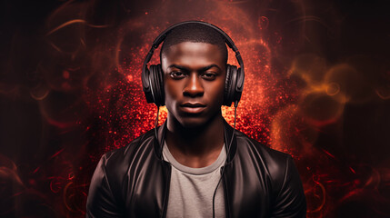 Young american african man in jacket wearing headphones listening to music. Young american african man dj - obrazy, fototapety, plakaty